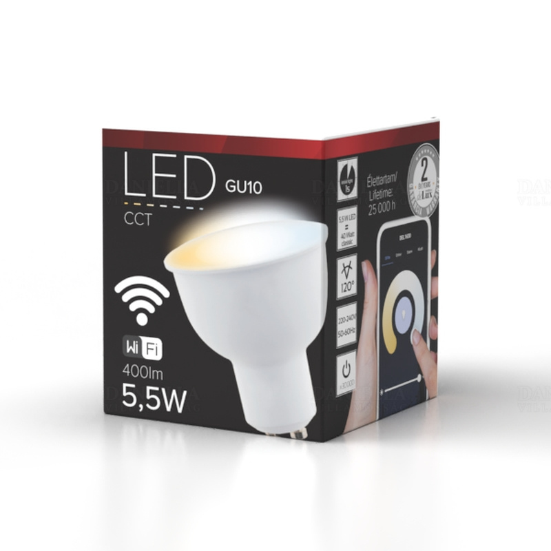 LED GU10 5,5W 400lm 2700-6500K fényforrás 120fokos Ra80 230V CCT, Smart Wi-fi, szabályozható fényerő, DEL1630 deLux