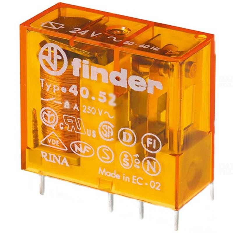FINDER 40.52.8.024 relé 2CO(váltó) 8A 24V AC, 5mm lábkiosztás, NYÁK-ba vagy foglalatba