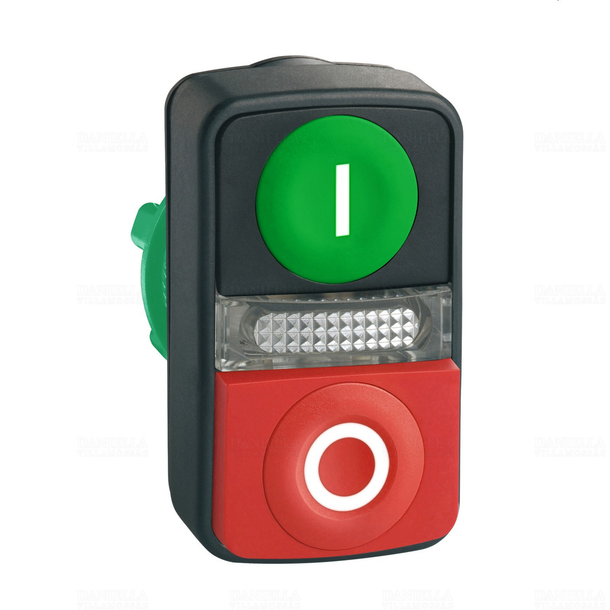 ZB5-AW7L3741 műanyag duplafejű nyomógomb jelzőfénnyel, fehér „I” zöld háttérrel / fehér „0” piros háttérrel (kiálló) Schneider